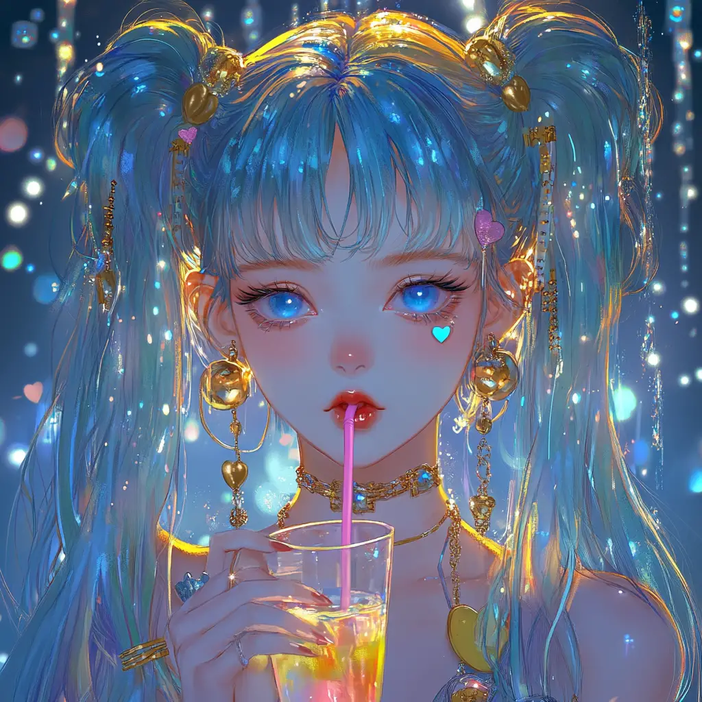 Anime girl with neon hair holding a rainbow drink