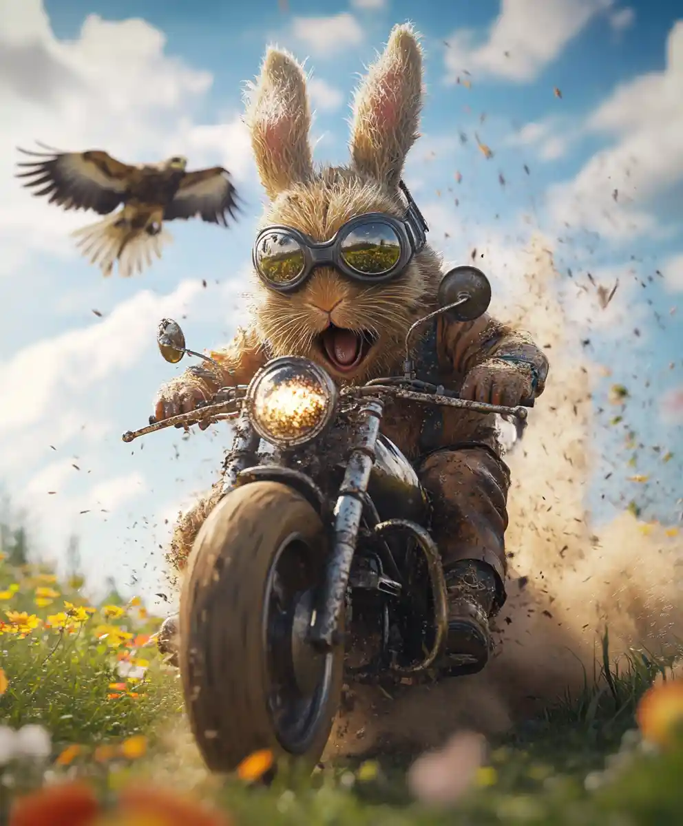 Startled rabbit riding motorcycle across sunny meadow