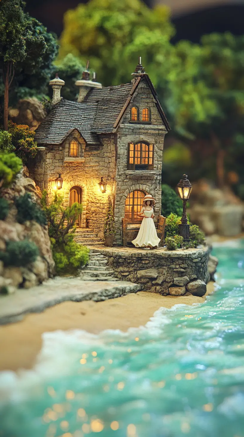 Miniature coastal villa with woman by tranquil shoreline