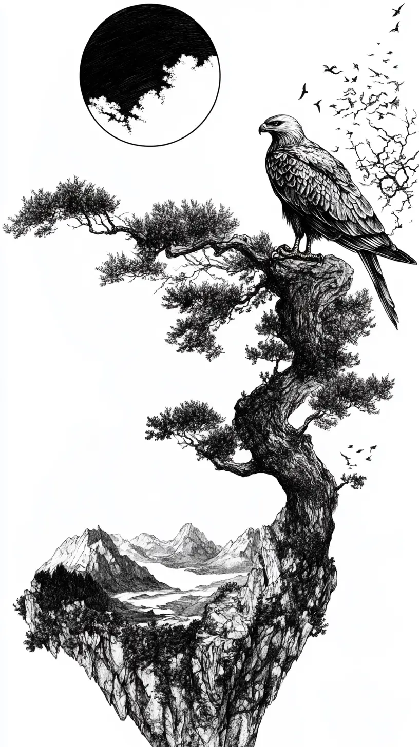 Ink hawk illustration with yin yang illusion elements