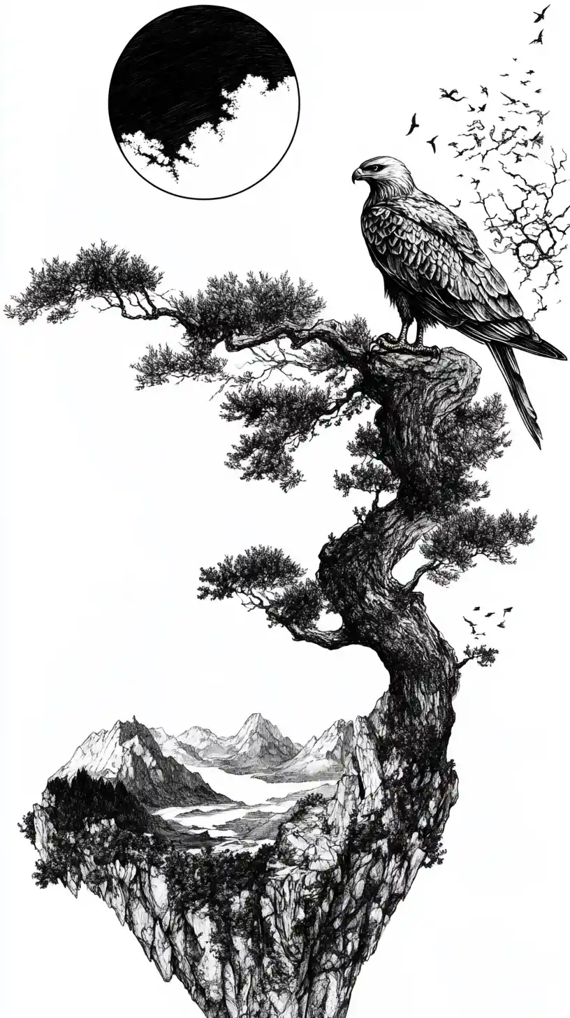 Tintenfalke-Illustration mit Yin-und-Yang-Illusionselementen