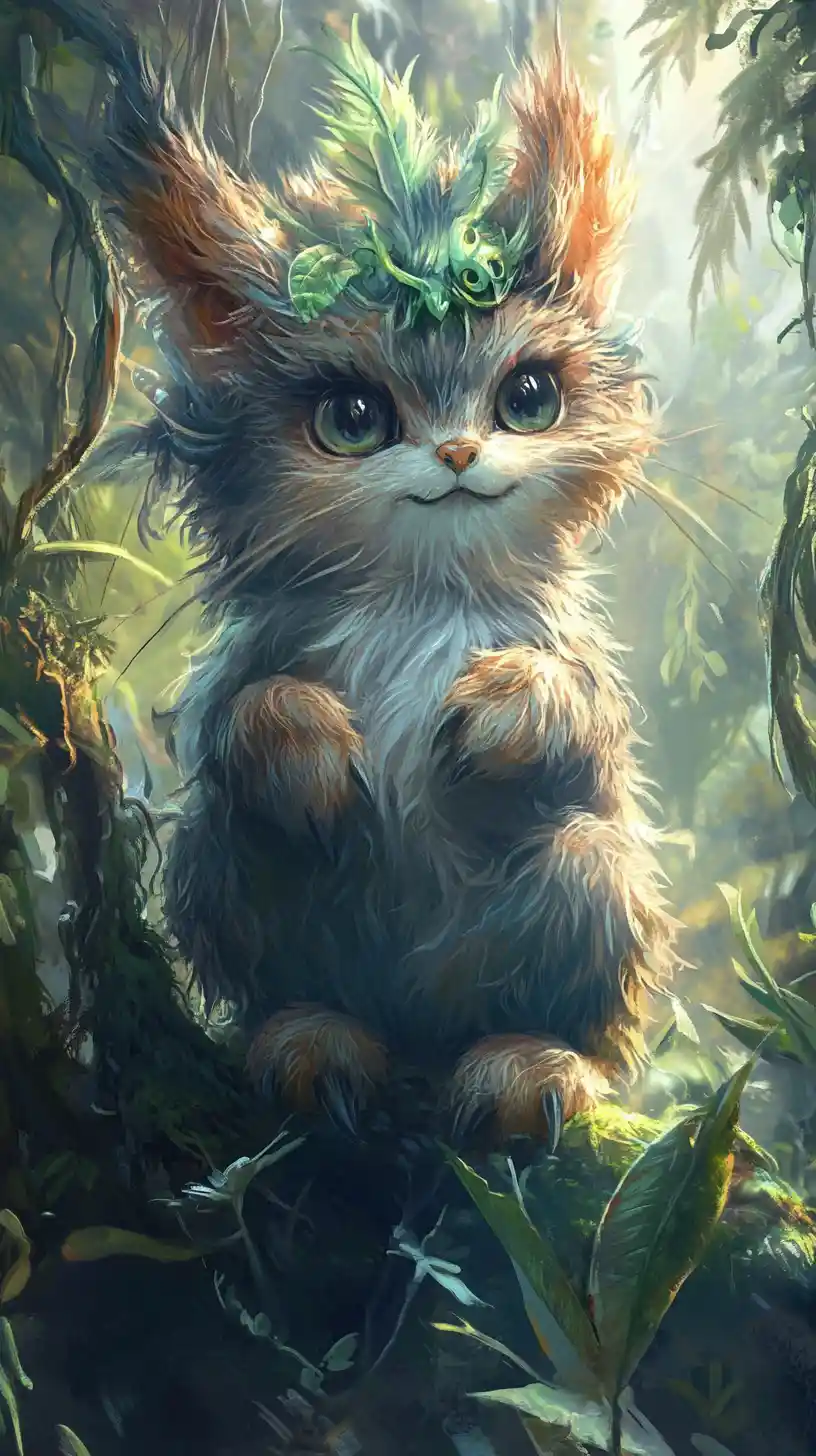Grumpy furry fantasy creature in a whimsical mystical forest