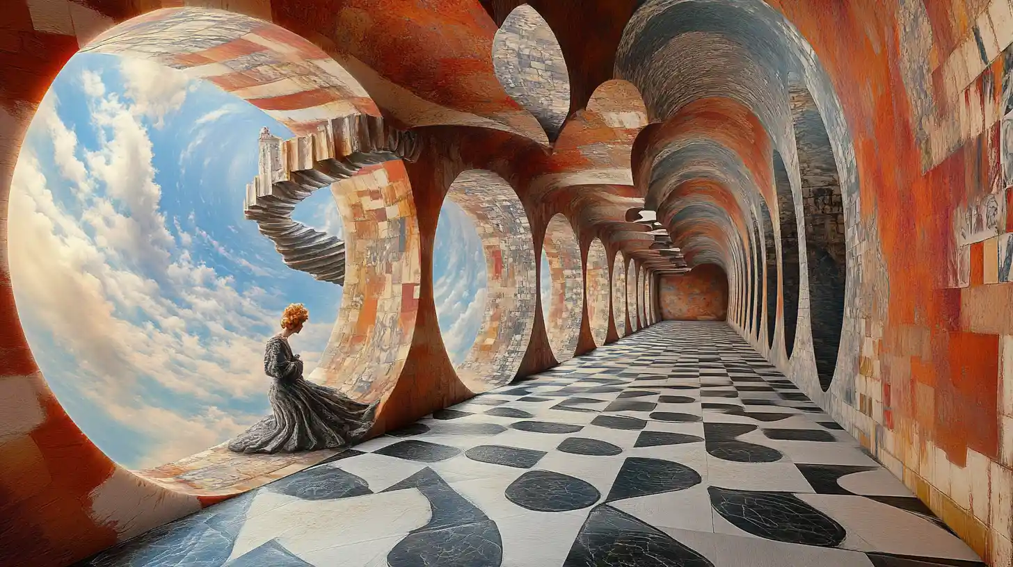 Surreal optical illusion scene with multiple intertwined images