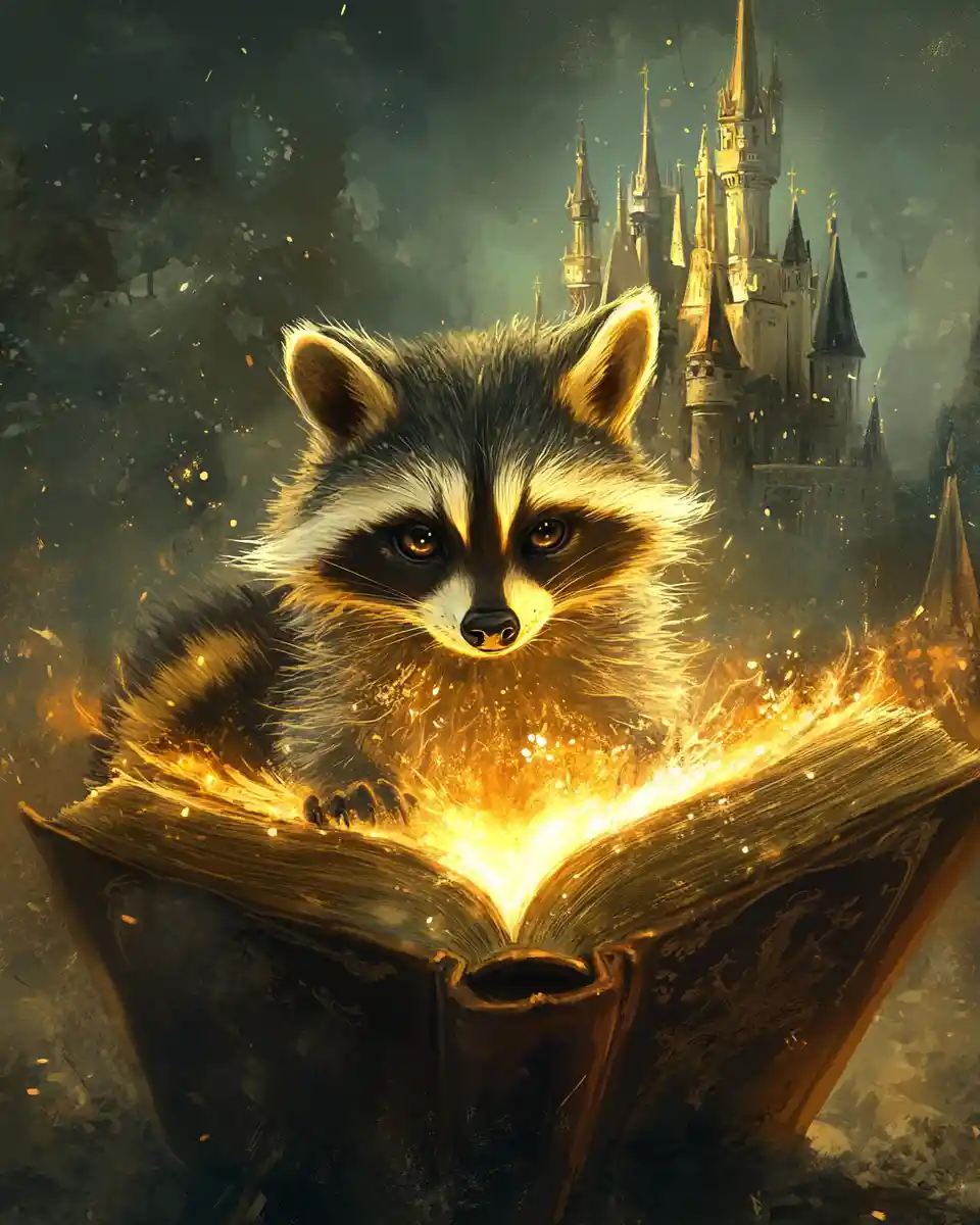 Raccoon Stepping From Magical Book Into Fantasy World