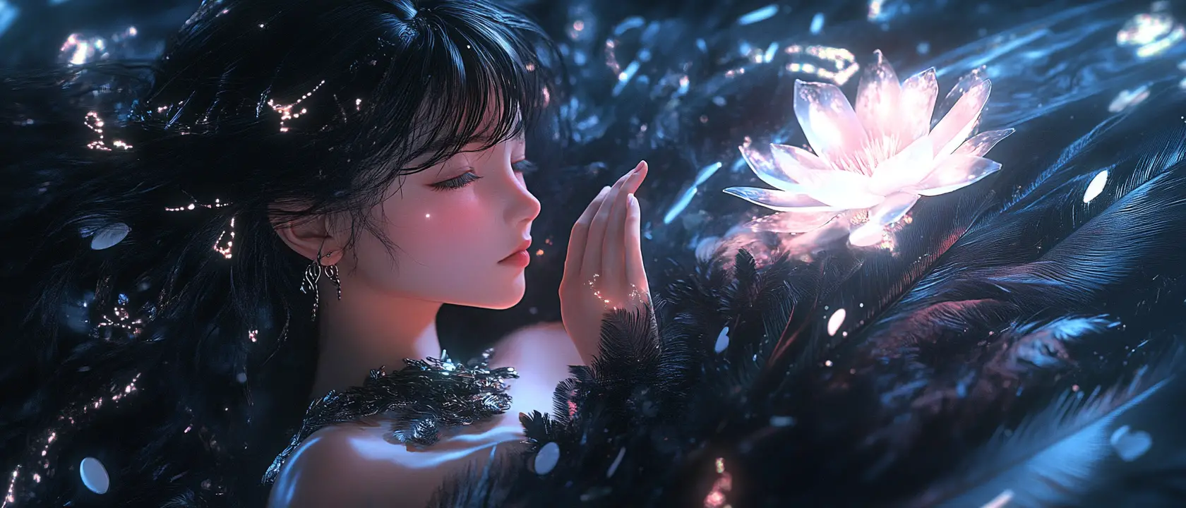 Anime heroine reaching for a glowing mystical flower