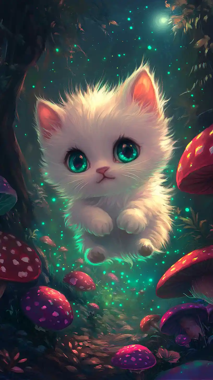 Cute chibi white kitten floating in magic mushroom forest