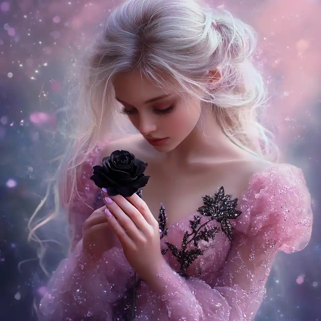 Princess in pink crystal dress holding a black rose