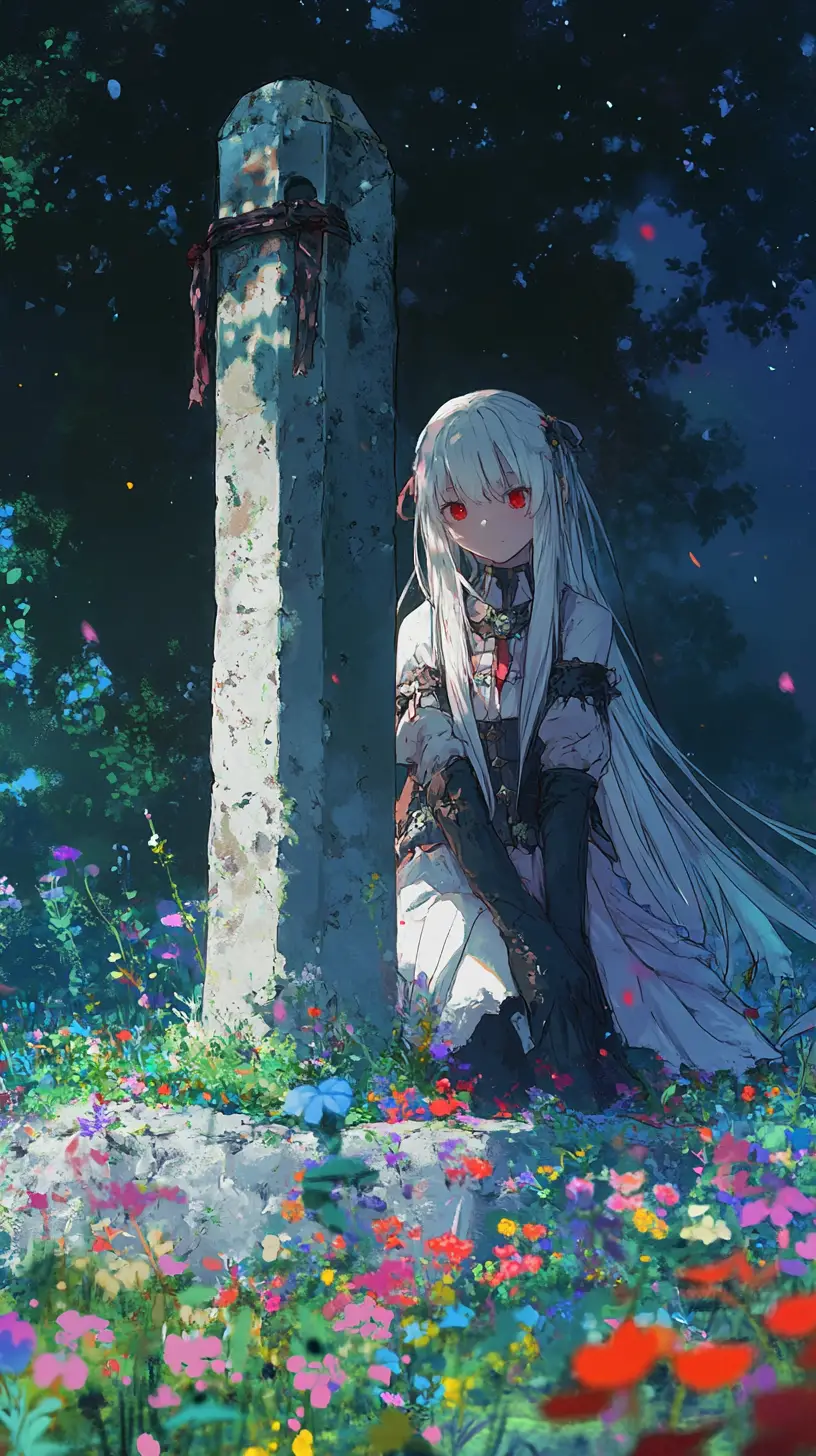 Ancient stone sword in a flower filled night meadow