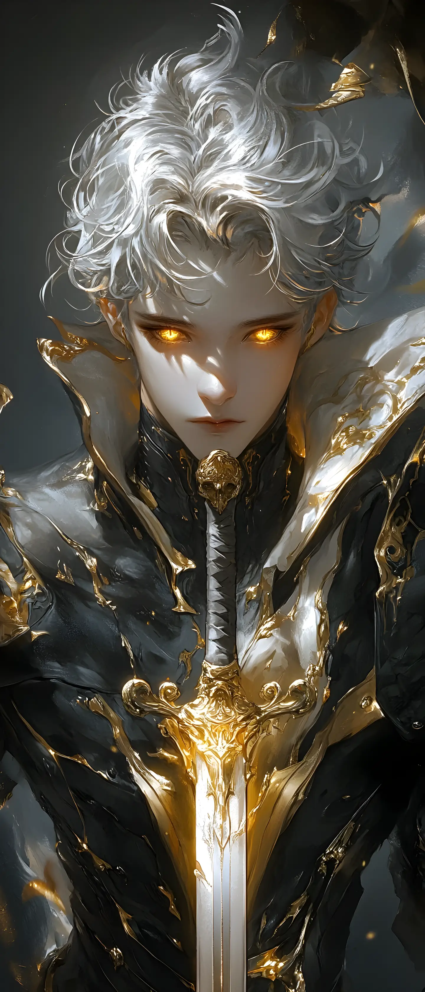 Ethereal swordsman with golden eyes in dark melancholy