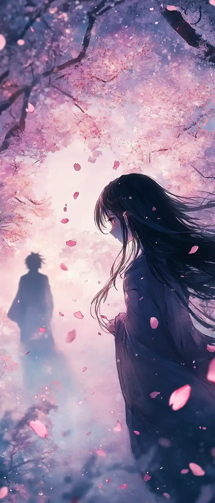 Anime girl in twilight cherry blossom grove reaching out