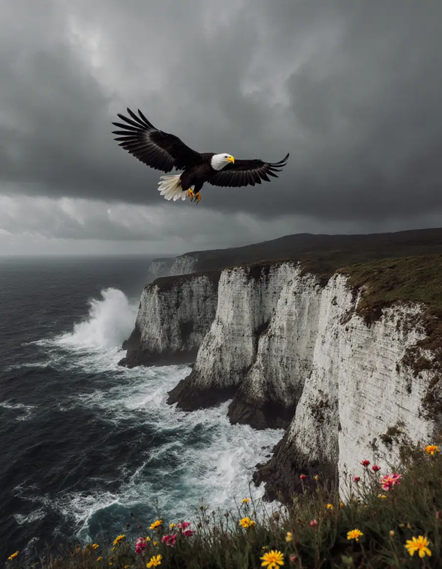 Sea eagle soaring above dramatic white ocean cliffs