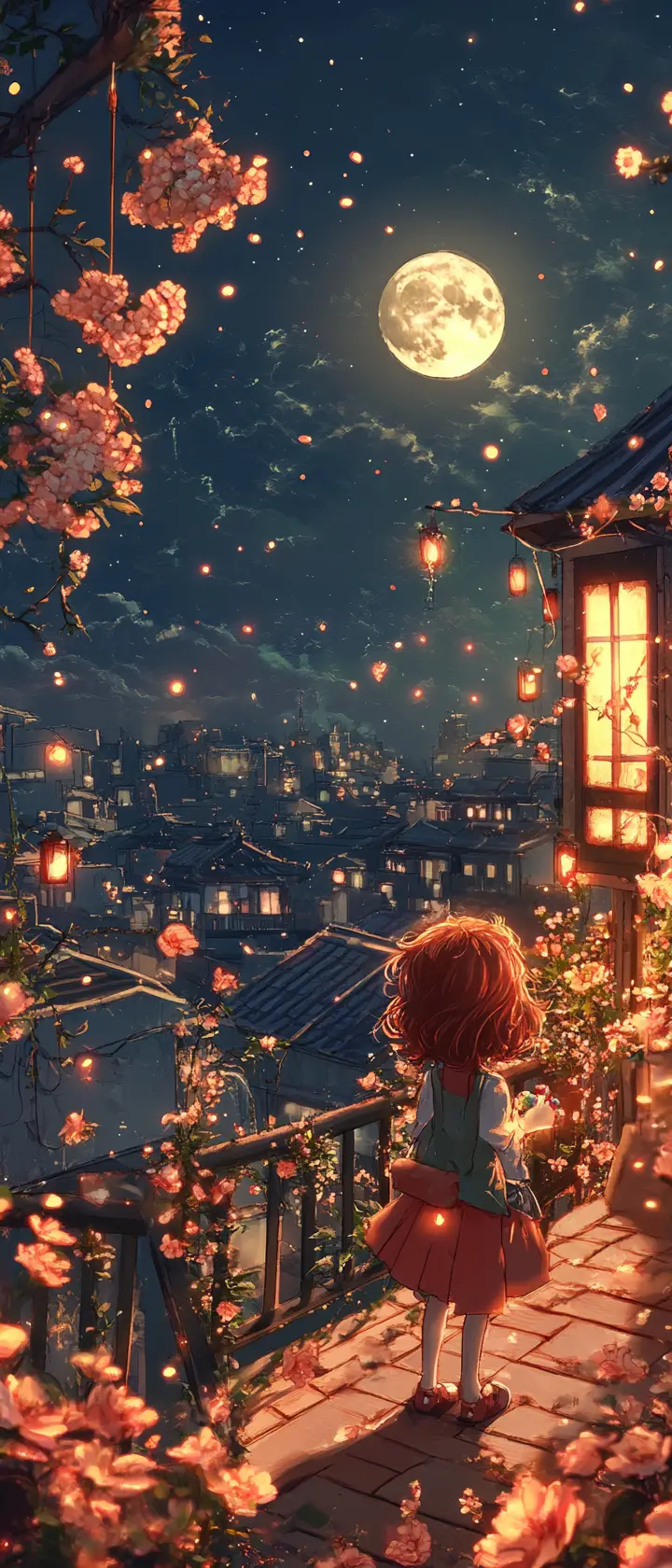 Anime girl on glowing rooftop garden under full moon
