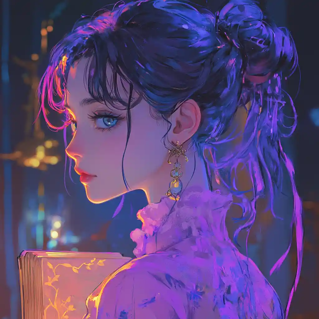 Anime girl reading by candlelight with lavender hair