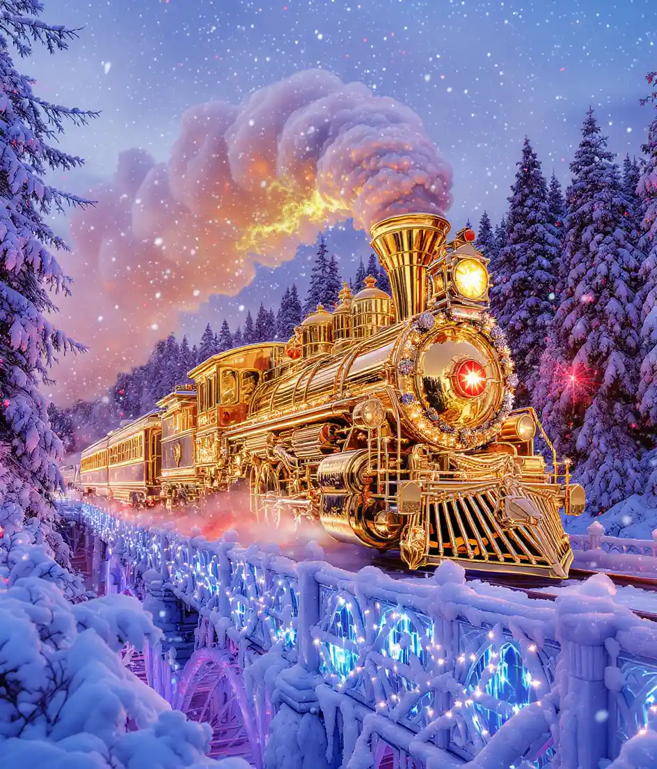 Golden steam train in a magical snowy forest twilight
