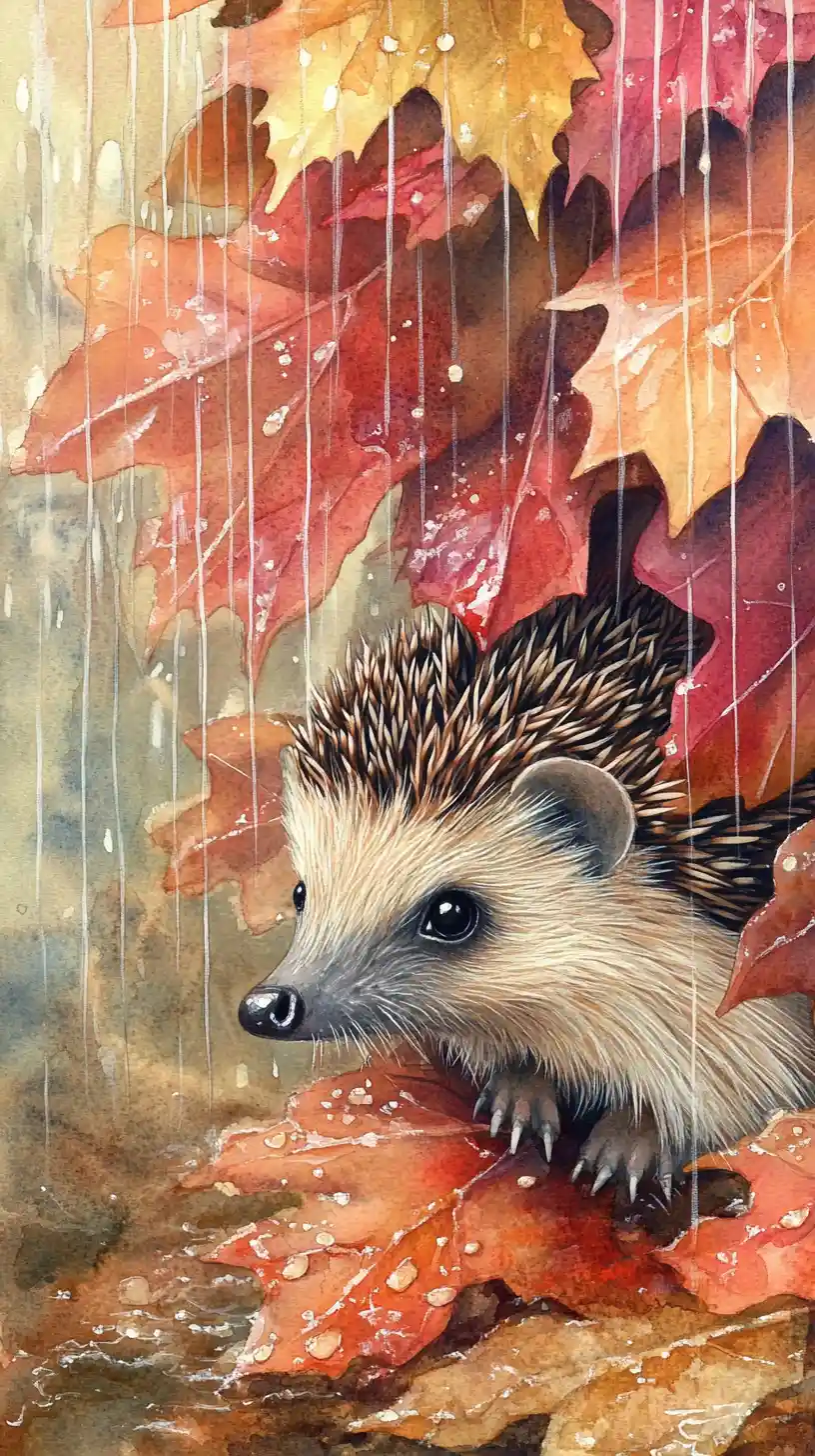 Watercolor hedgehog under autumn leaves in the rain