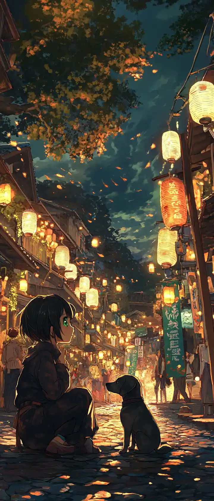 Anime girl hugging puppy at lantern lit village festival