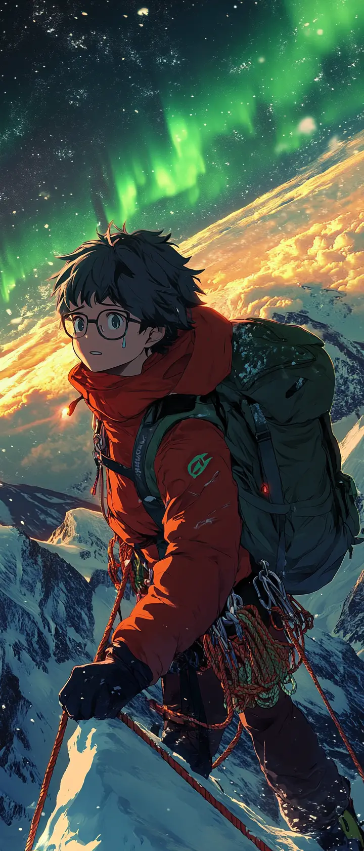 Anime boy at snowy mountain summit at sunrise