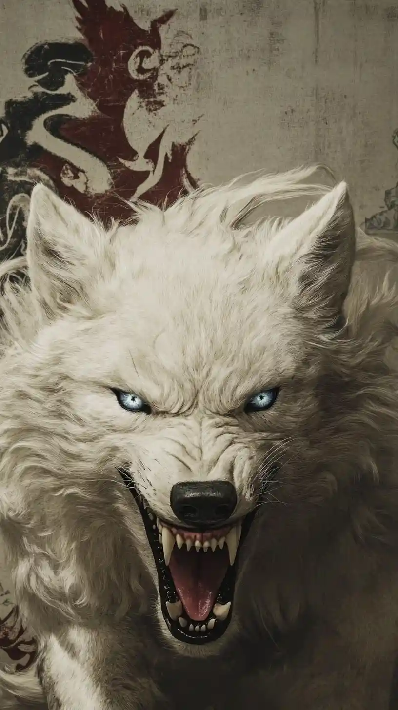 Luftaufnahme eines realistischen weißen Wolfs, der kraftvoll brüllt