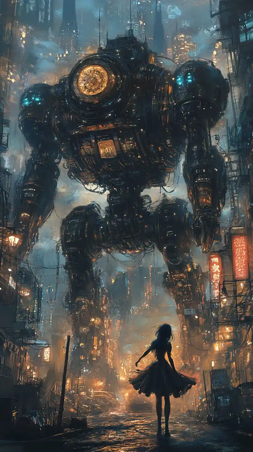 Anime cyber girl dancing before a steampunk mech cityscape