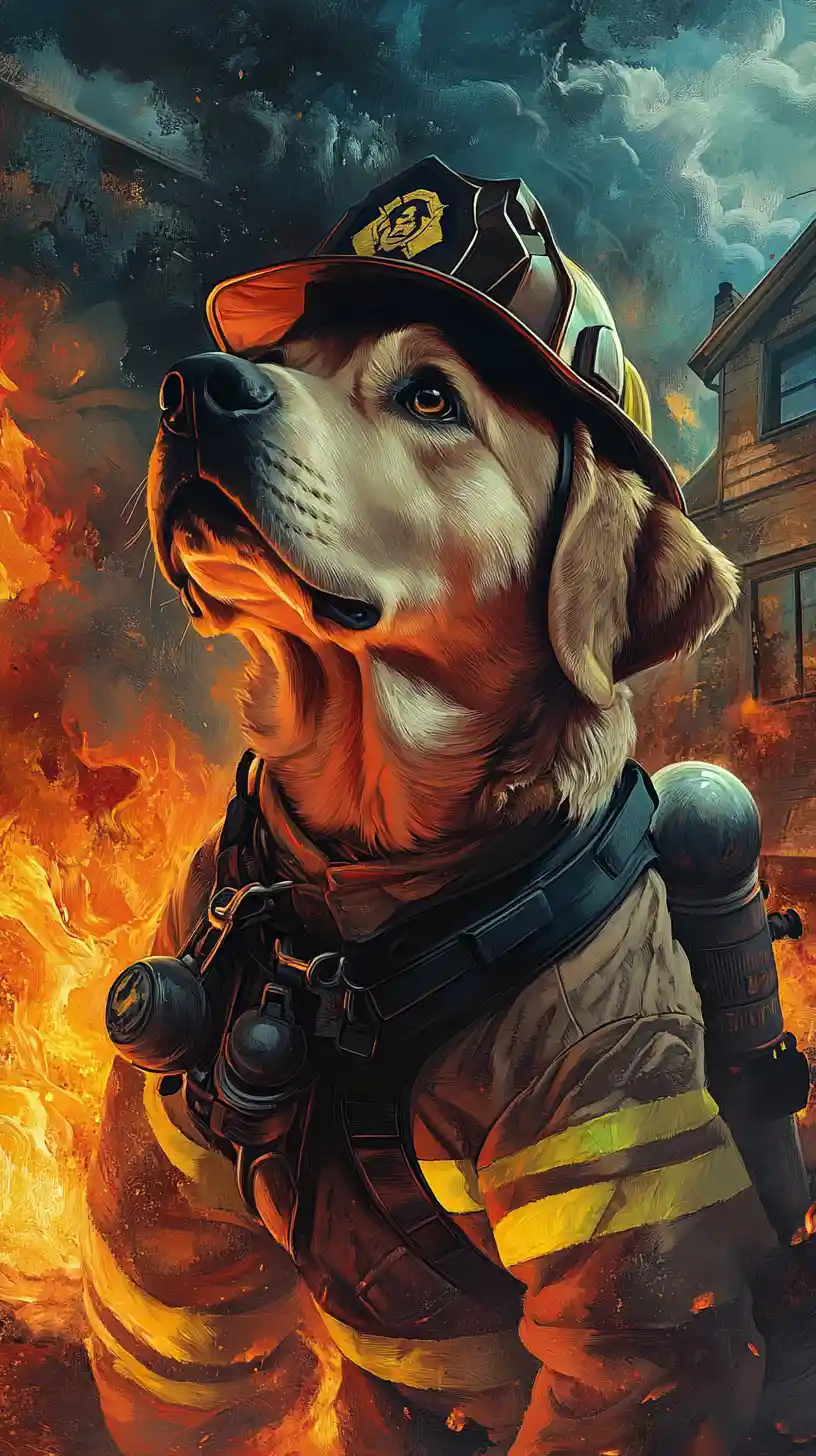 Firefighter dog running toward a burning house illustration
