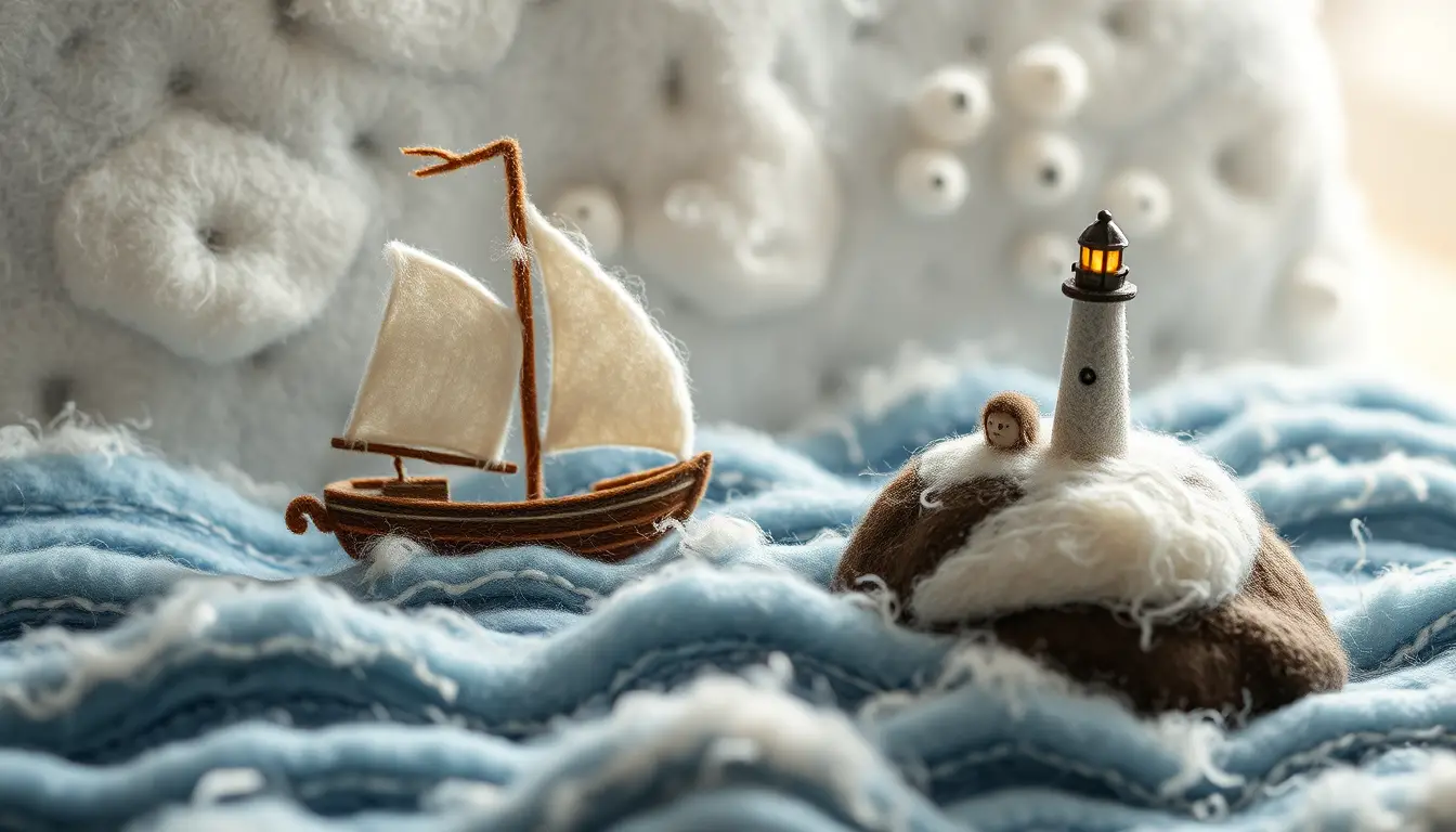 Felted Wool Sailboat And Lighthouse Miniature On Blue Waves
