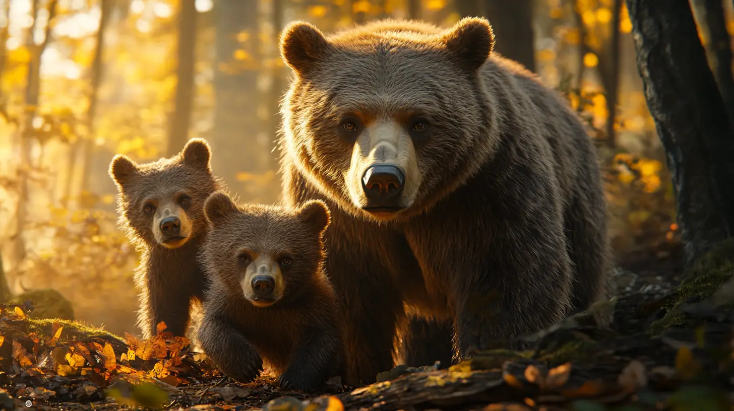 Mother bear guiding two cubs through a vibrant forest