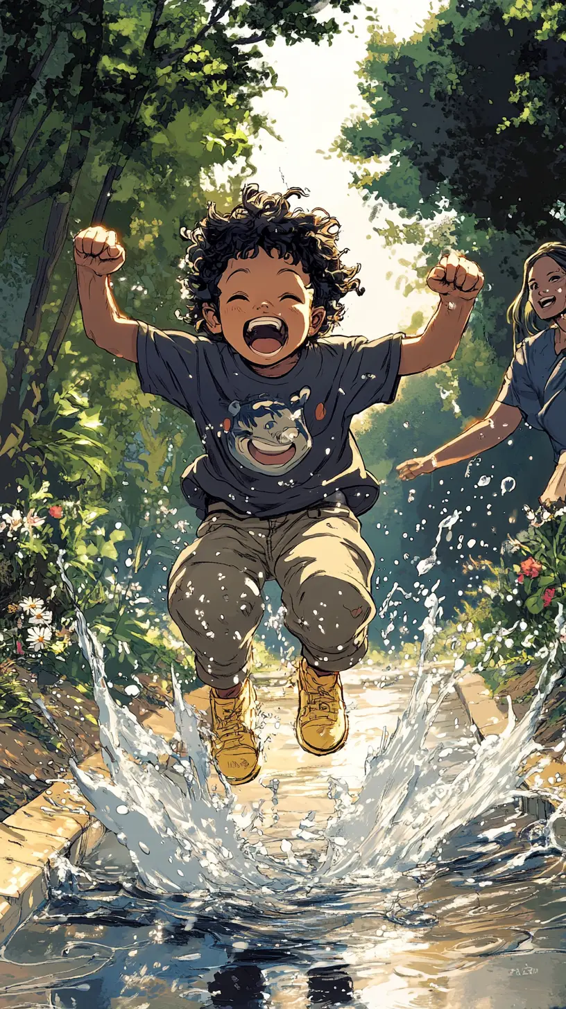 Joyful young boy jumping into a forest puddle