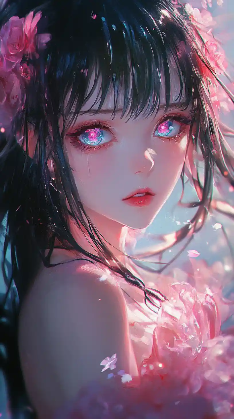 Close up anime cyber girl with blue eyes