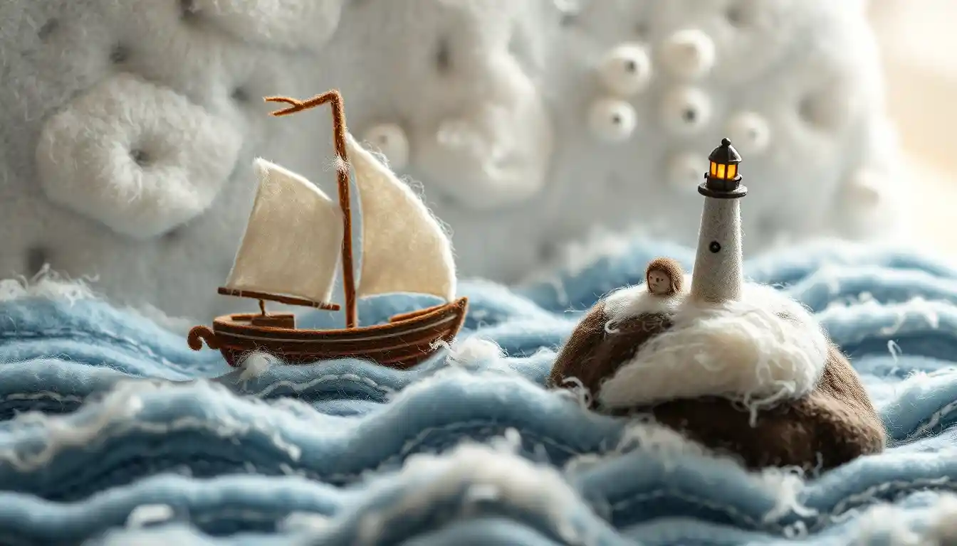Felted Wool Sailboat And Lighthouse Miniature On Blue Waves