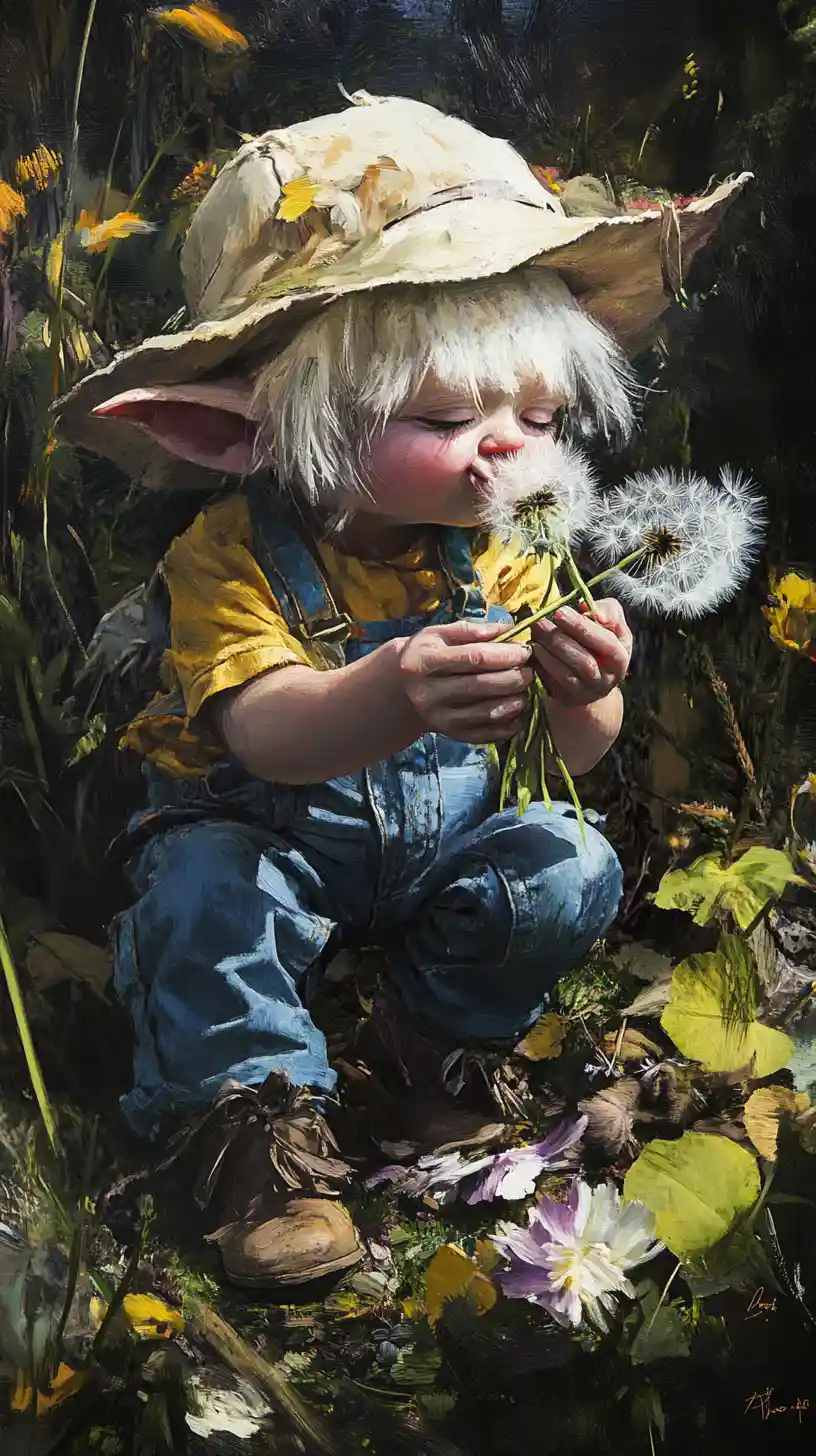 Cute forest troll blowing magical dandelion seeds