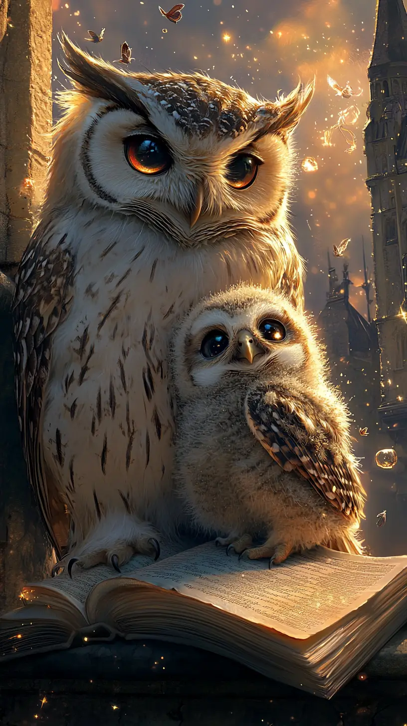 Mother owl cuddling her chick on a magical windowsill