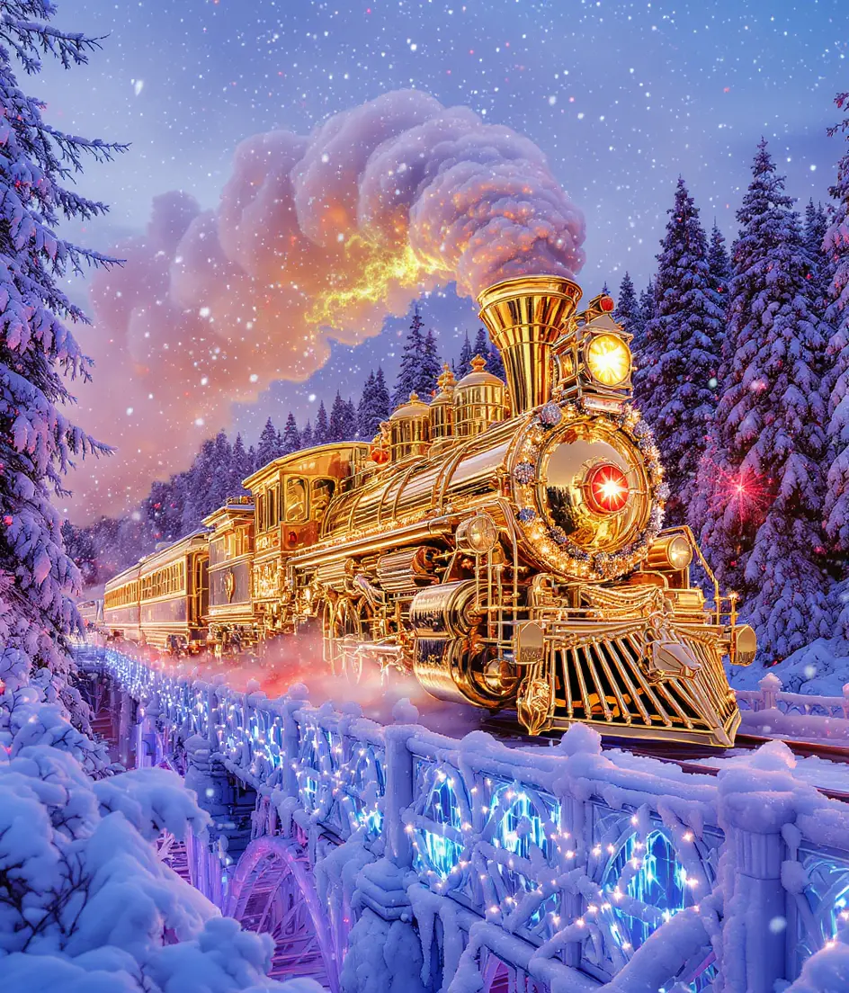 Golden steam train in a magical snowy forest twilight