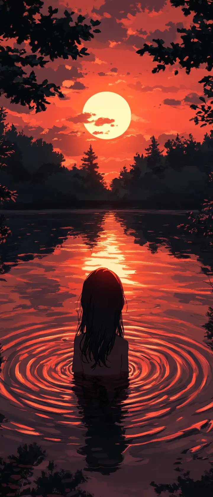 Anime girl by a quiet crimson sunset lake
