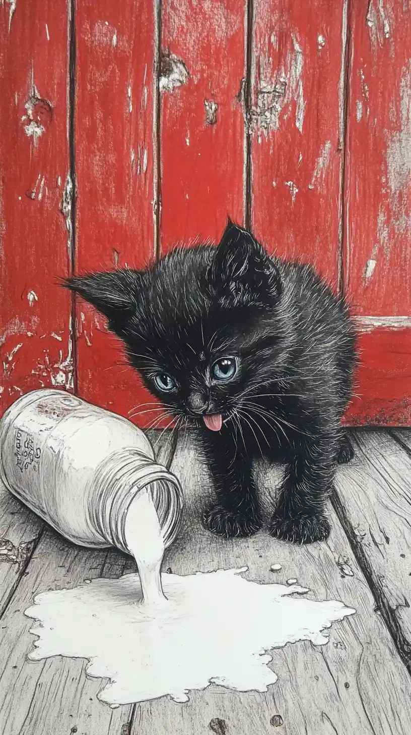 Cute kitten licking spilled milk by red wooden fence