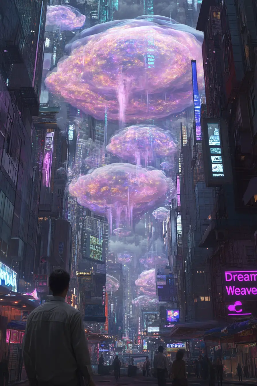 Cyberpunk dream weaver shaping glowing herbal energy clouds