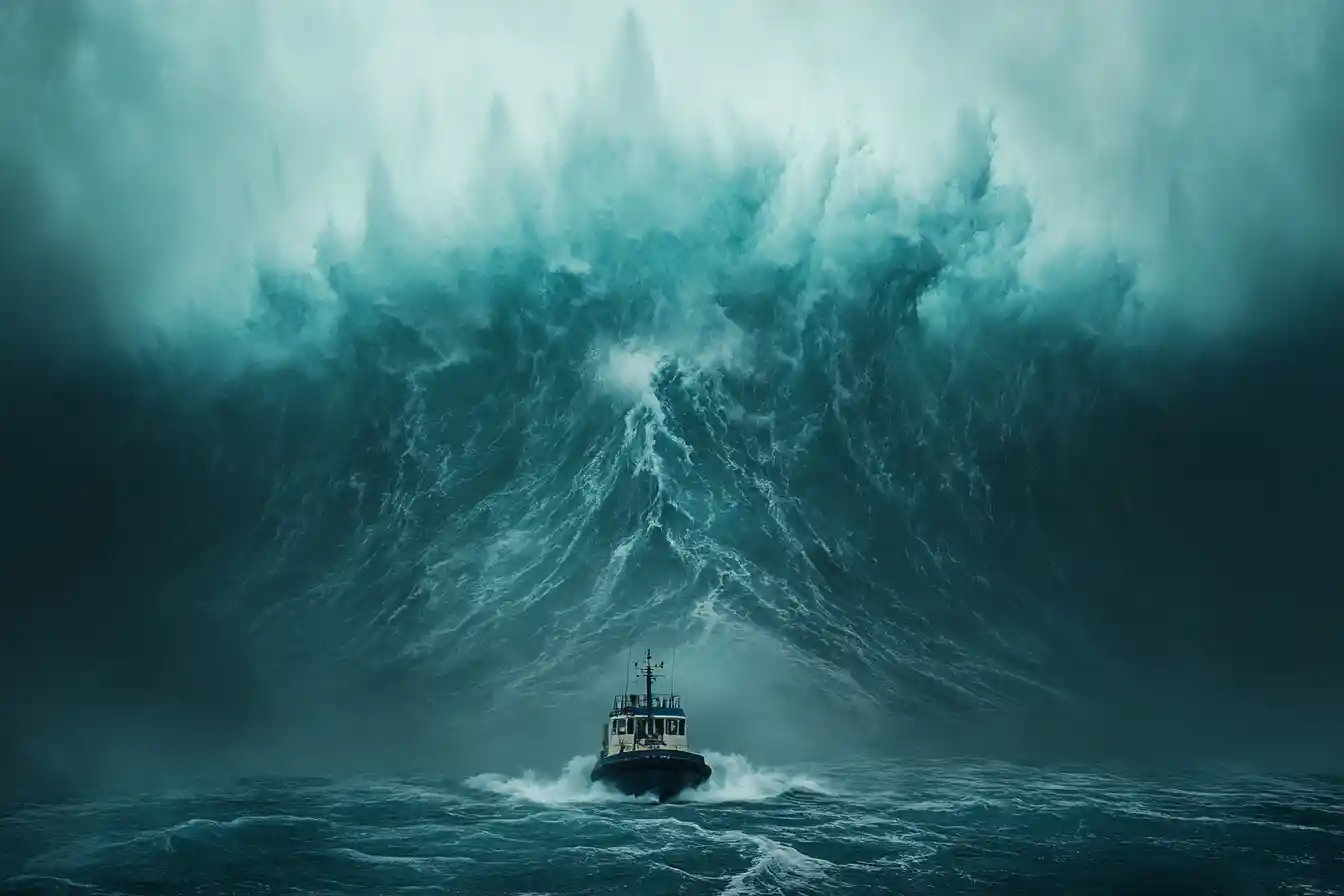 Tiny tugboat facing a colossal teal ocean wave