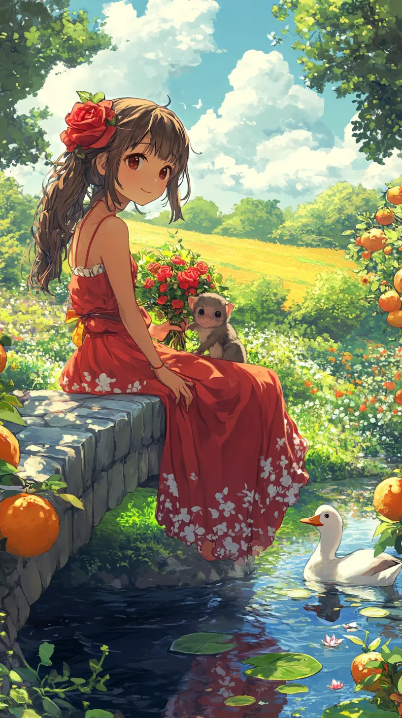Anime girl on a stone bridge with flowers and stream