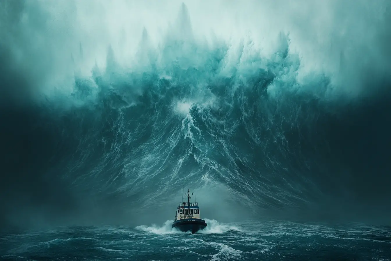 Tiny tugboat facing a colossal teal ocean wave