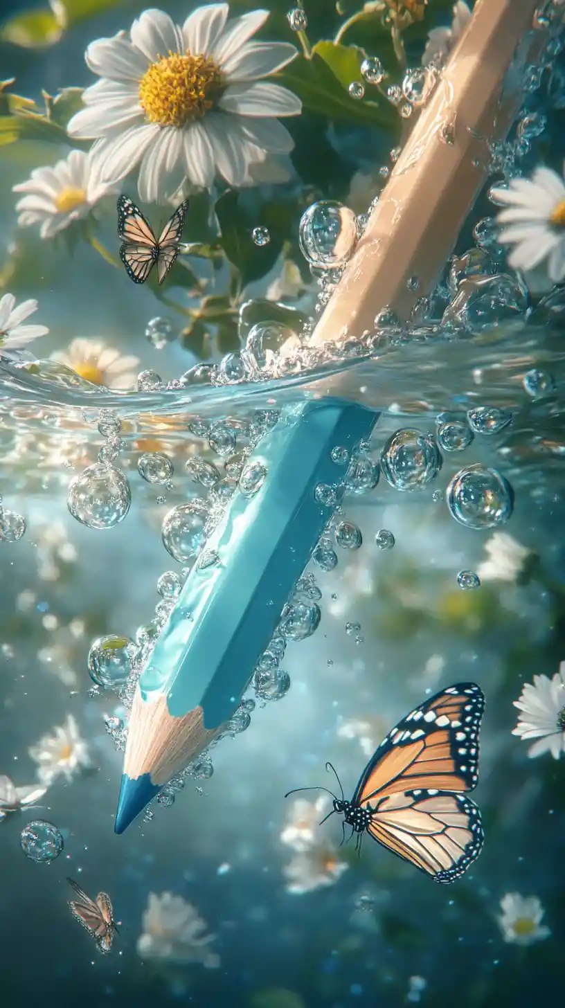 Lápiz azul claro surreal flotando en agua de ensueño