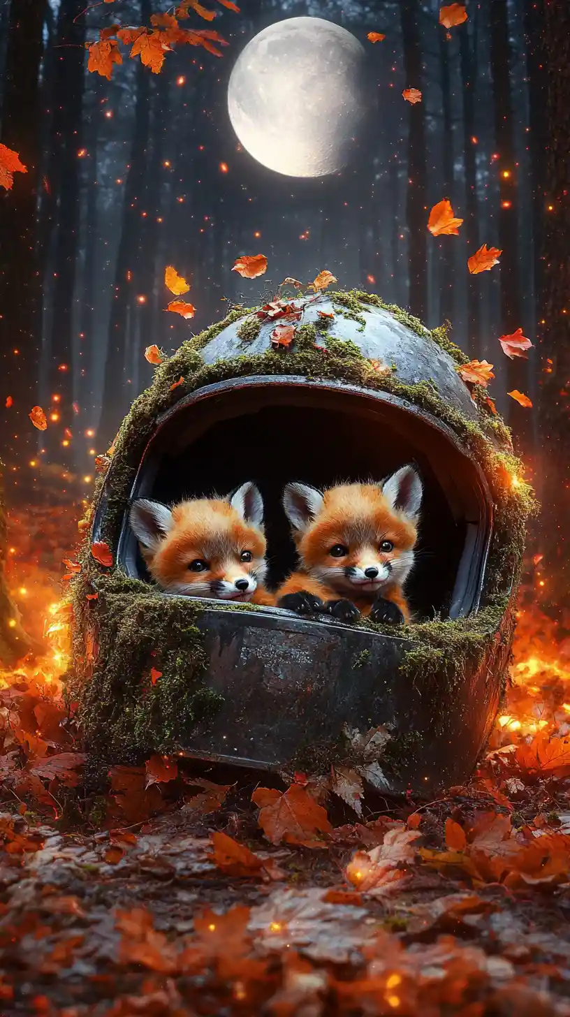 Baby foxes in a moss covered helmet in autumn forest