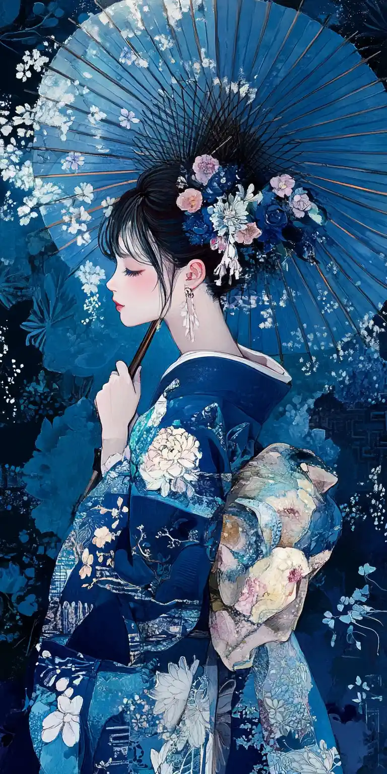 Anime girl in blue kimono with floral parasol illustration
