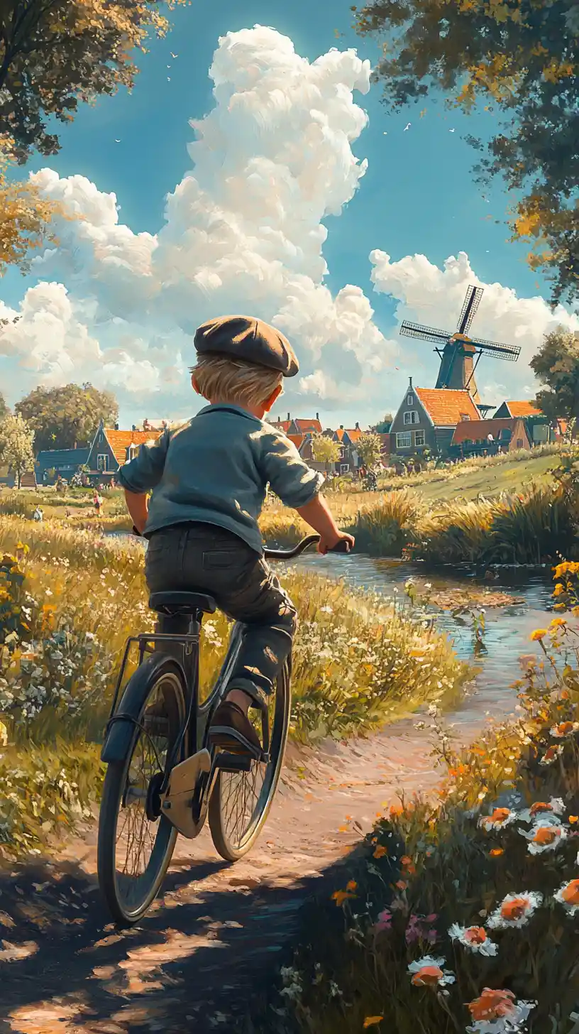 Dutch boy riding a bicycle through rural countryside