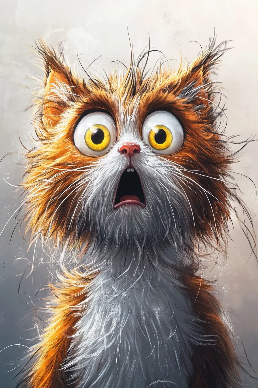 Shocked Fluffy Cartoon Cat Face With Wide Glossy Eyes