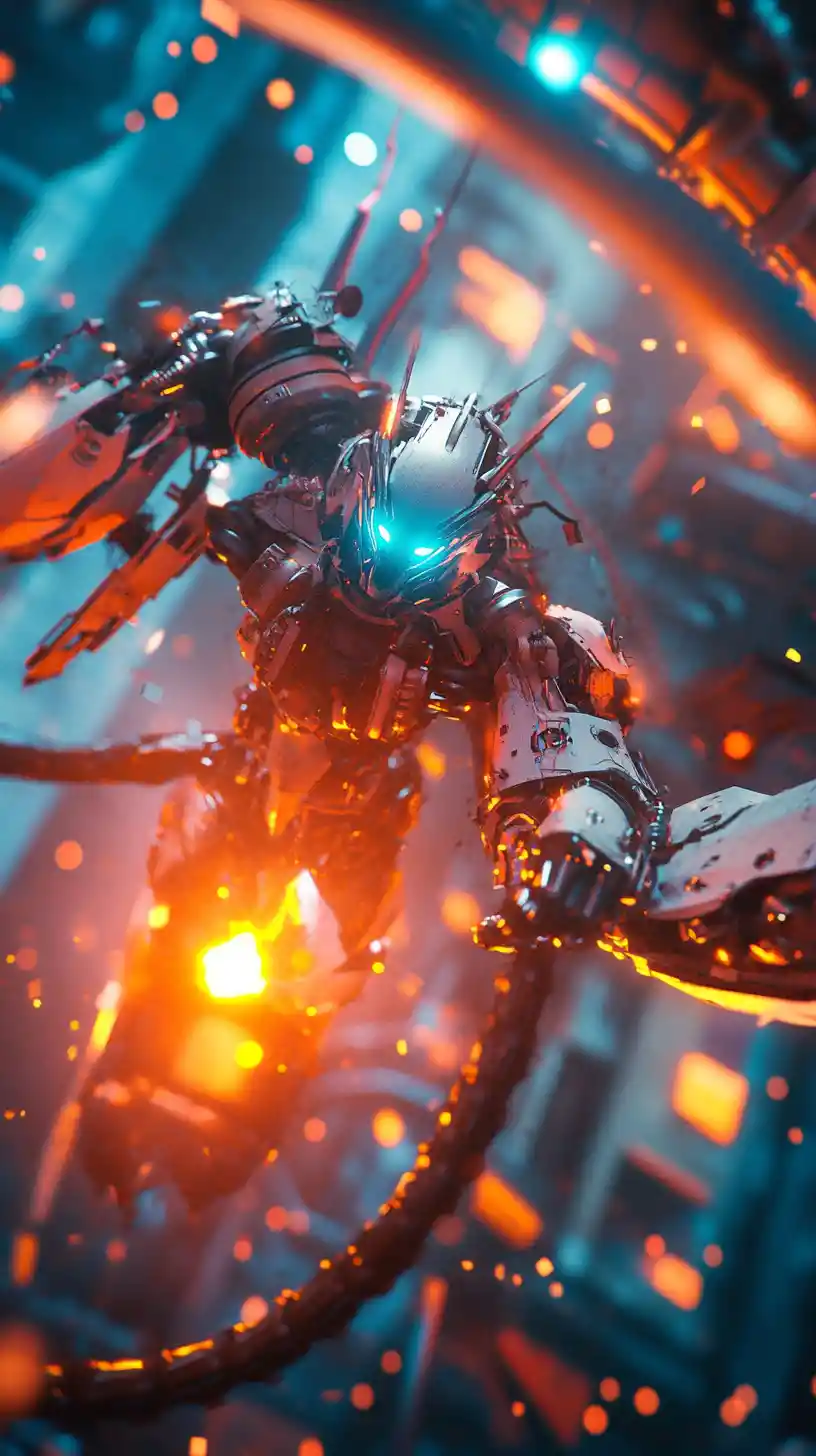 Anime cyber girl battling in swirling space vortex