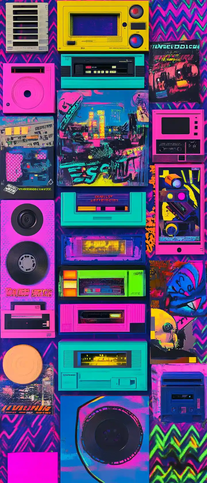 Colorful retro collage of 80s cassette tapes and arcade screens
