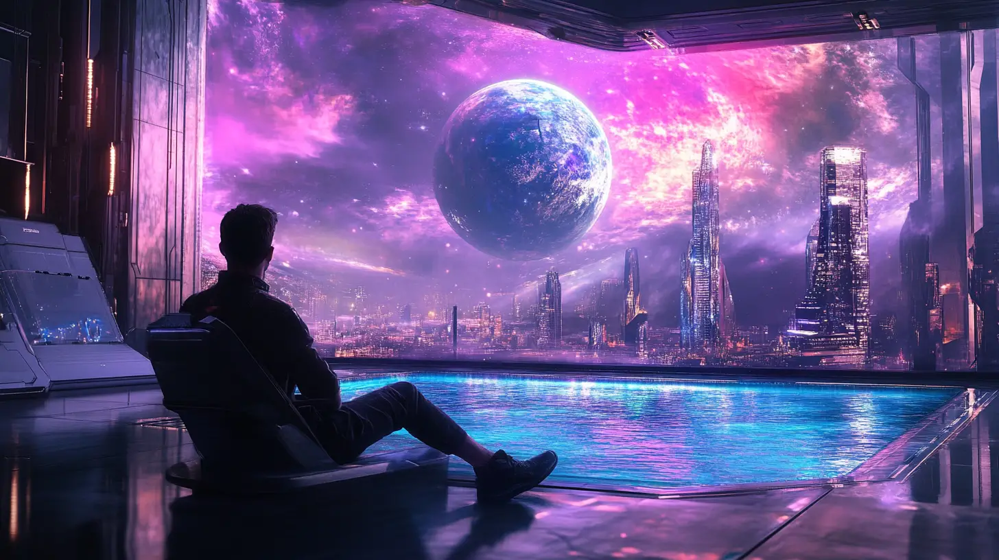Man relaxing by pool in luxury space station apartment
