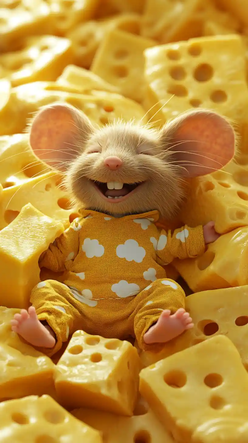 Cute mouse in yellow jumpsuit sitting on cheese