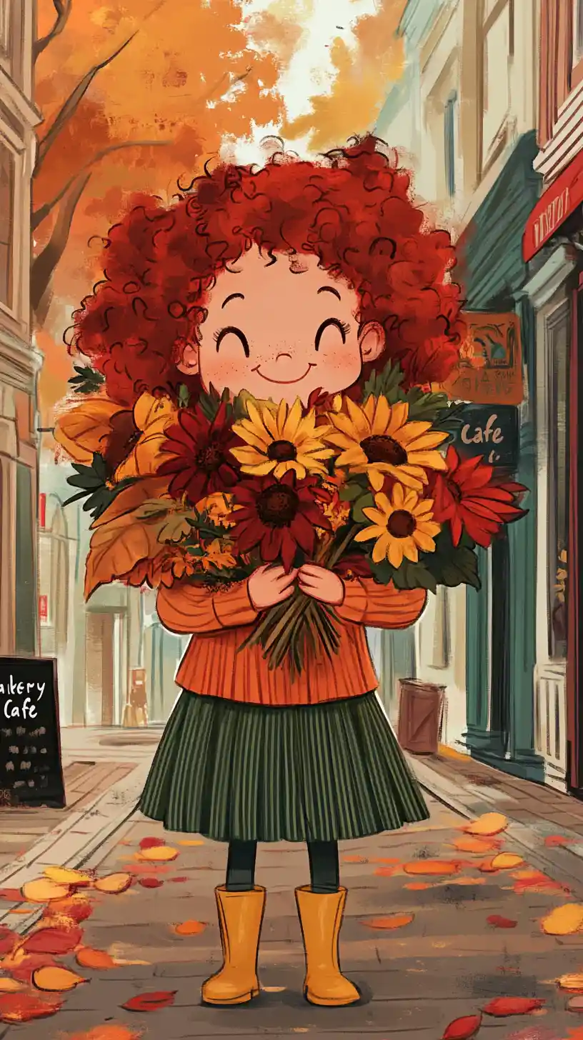 Cute red haired girl with autumn flowers in city