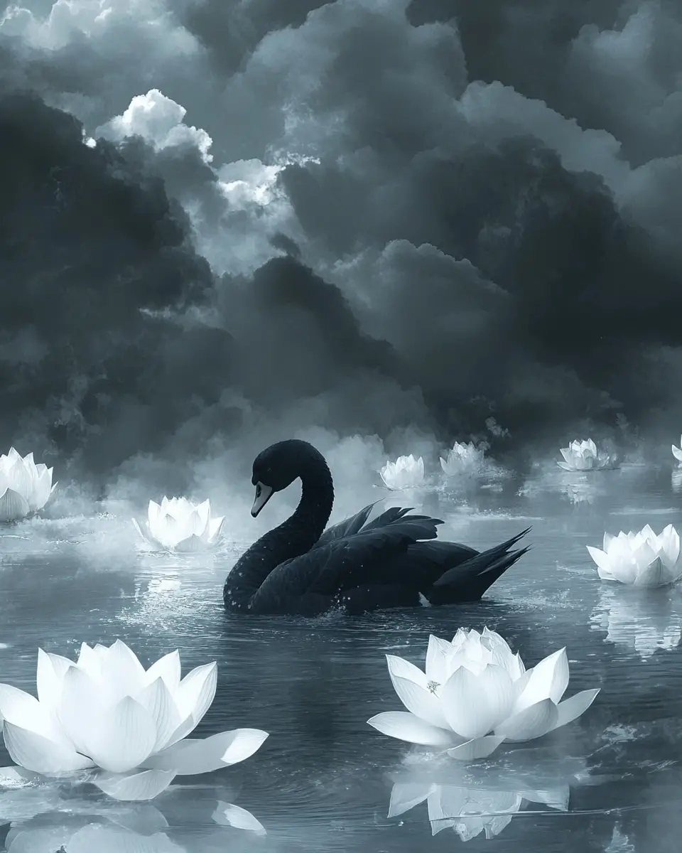 Black swan gliding through a misty winter pond