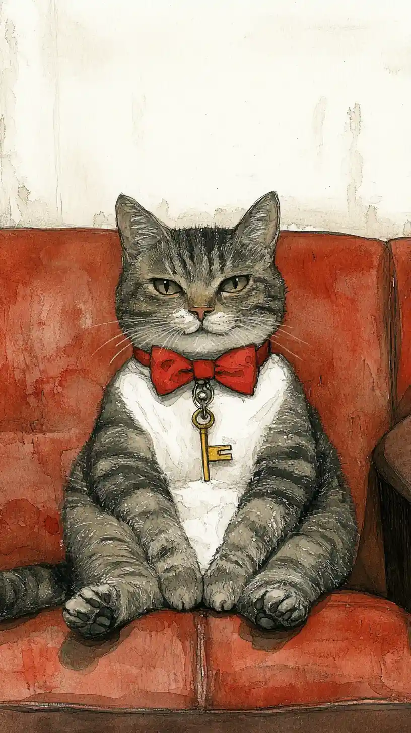 Surreal cat with red bow tie on red leather couch